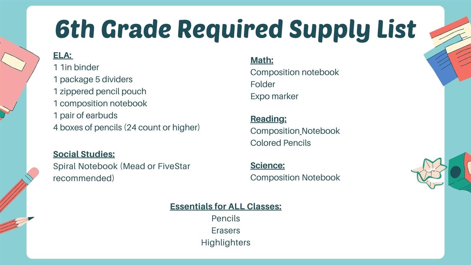 Supply List / 6th Grade Traditional Supply List